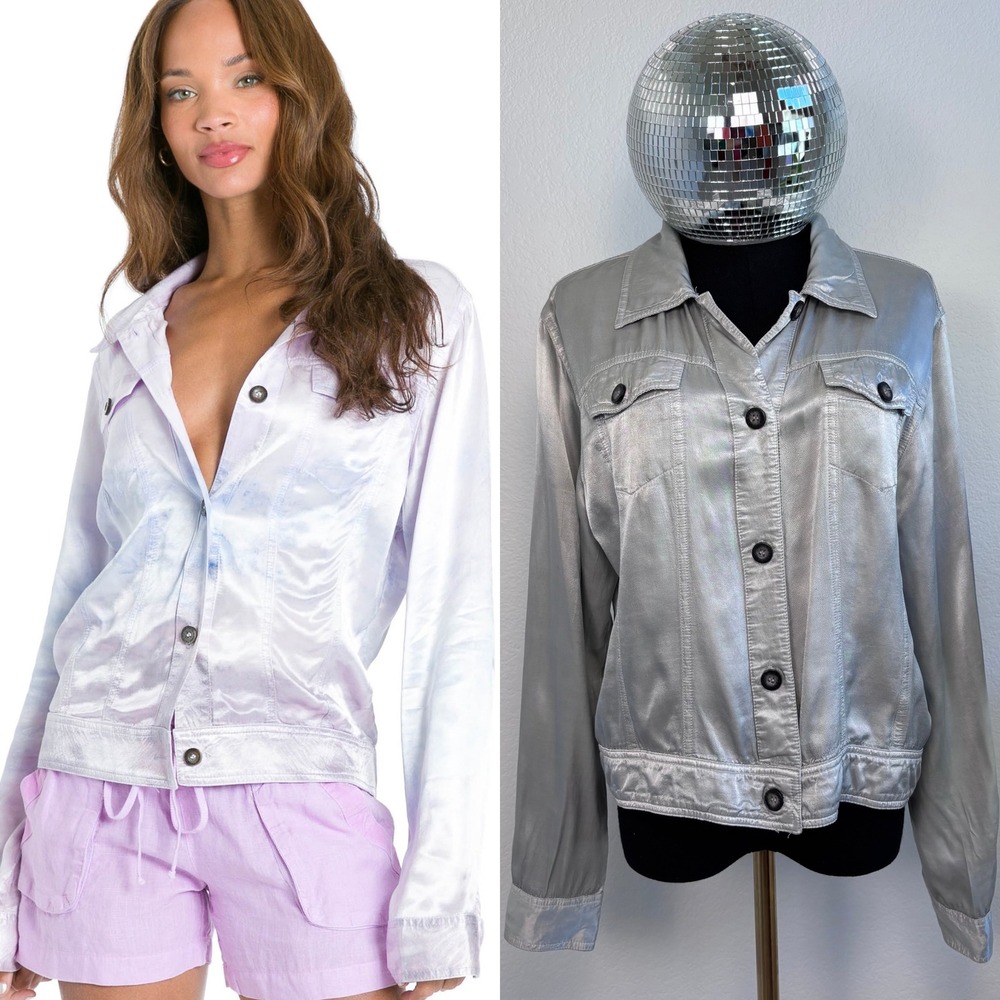 Hard‎ Tail Forever Silver Satin Metallic Jean Jacket, Womens Small USA Y2K Space